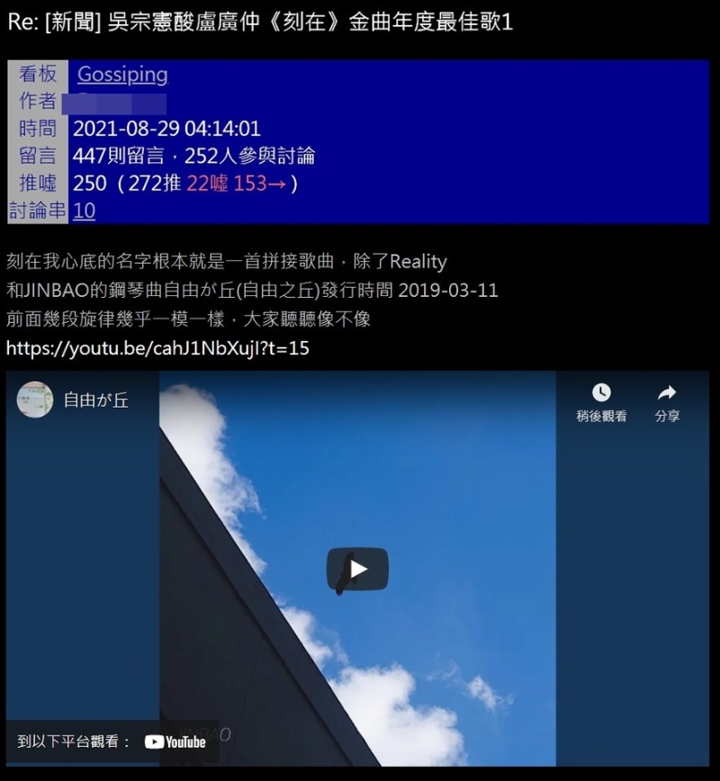 PTT有網民表示，《刻在》和2019年發表的一首鋼琴曲《自由之丘》相似度極高，前奏幾乎一模一樣。（網絡截圖）